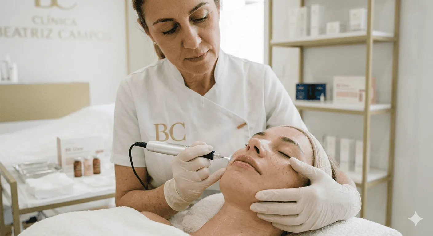 Fotografia de perfil da Dra. Beatriz Campos sorrindo em seu consultório